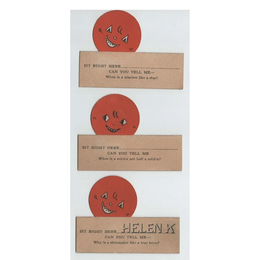 Vintage Mechanical Riddle Place Cards Red Sun Face Novelty Ephemera Set of 3